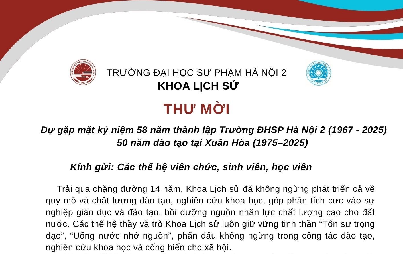 Thư mời gặp mặt kỷ niệm 58 năm thành lập trường ĐHSP Hà Nội 2 (1967–2025) và 50 năm đào tạo tại Xuân Hòa (1975–2025)