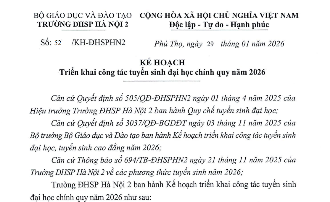Thông báo kế hoạch tổ chức thi và xét tuyển Đại học năm 2026 – Trường Đại học Sư phạm Hà Nội 2