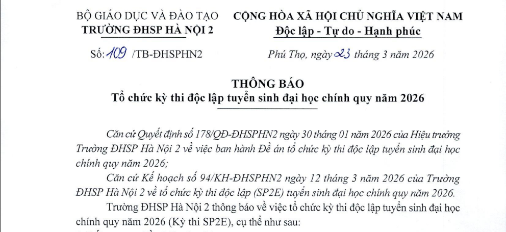 Tổ chức kỳ thi độc lập tuyển sinh đại học chính quy năm 2026