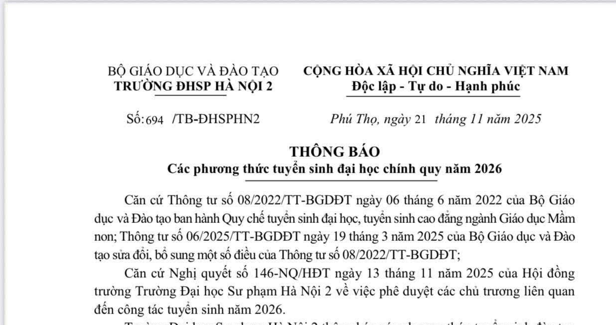 Thông báo các phương thức tuyển sinh đại học chính quy trường Đại học Sư phạm Hà Nội 2 năm 2026