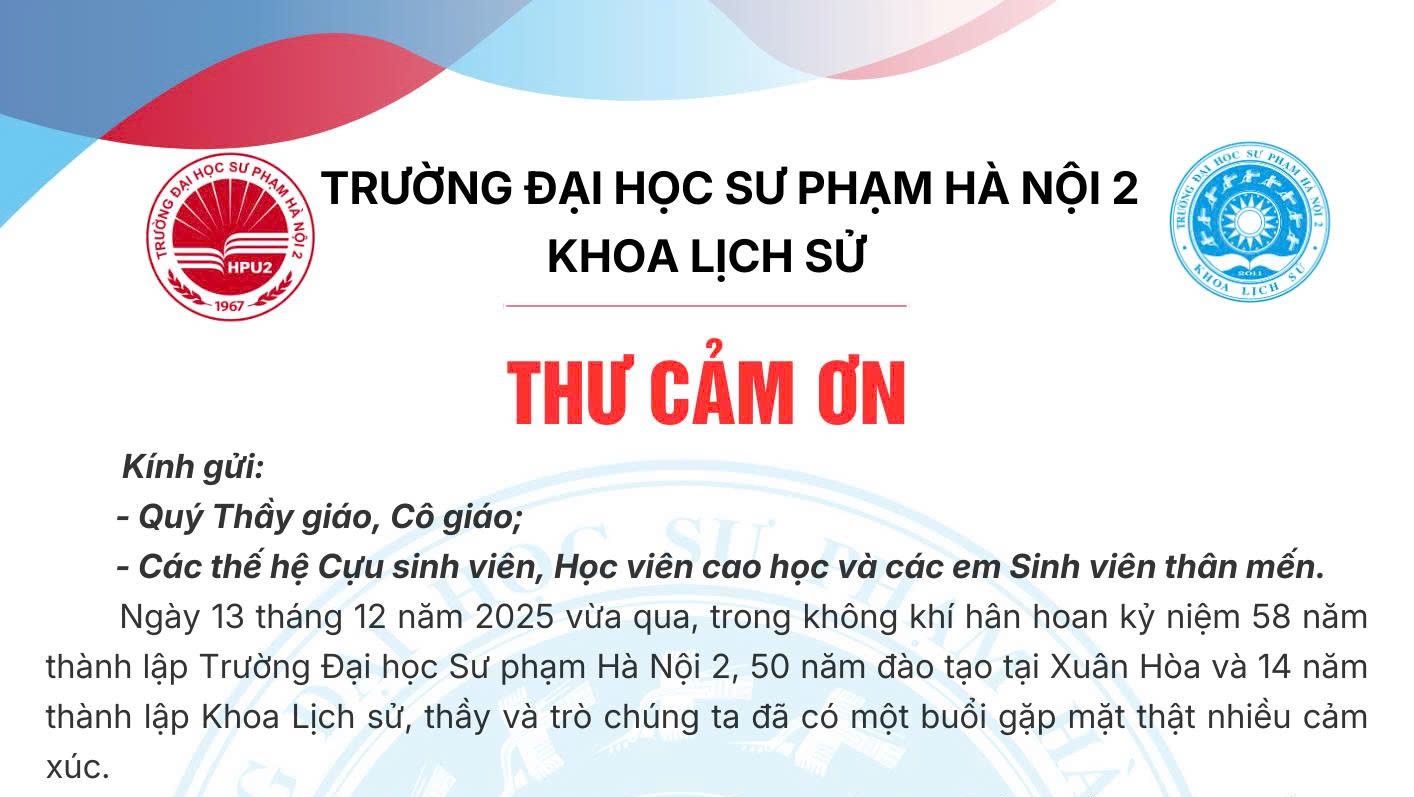 Thư cảm ơn gặp mặt kỷ niệm 58 năm thành lập trường và 50 năm đào tạo tại Xuân Hòa